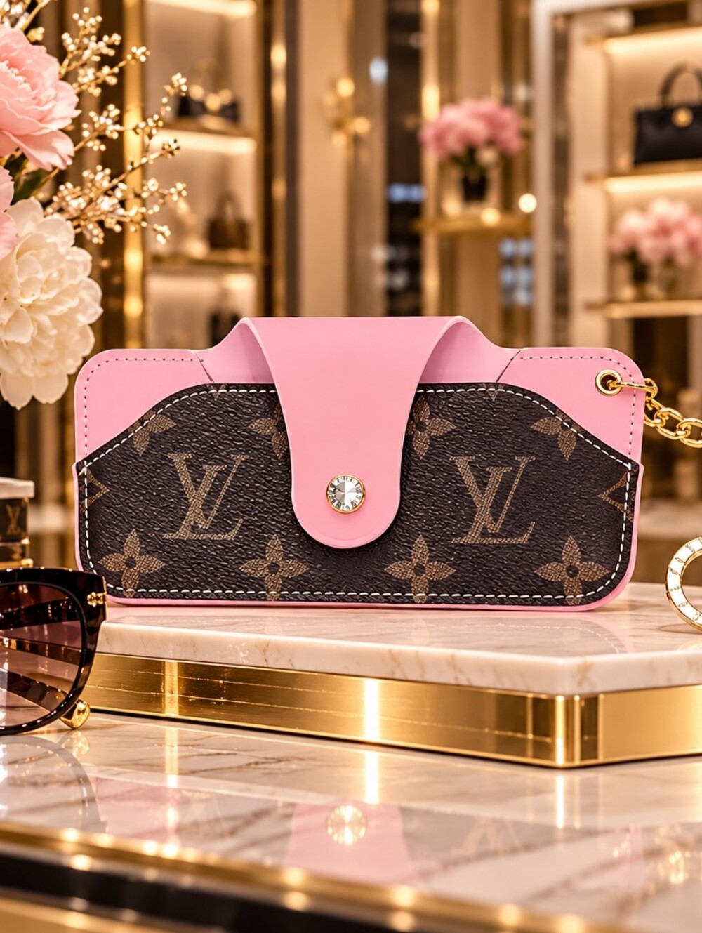 Fashion LV Brown Monogram Sunglasses Case with Pink Trim & Keyring